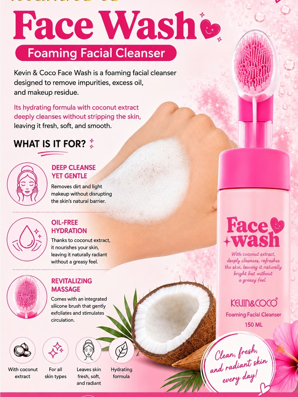Kevin & Coco Pink Foaming Face Wash - Hydrating Coconut Cleanser